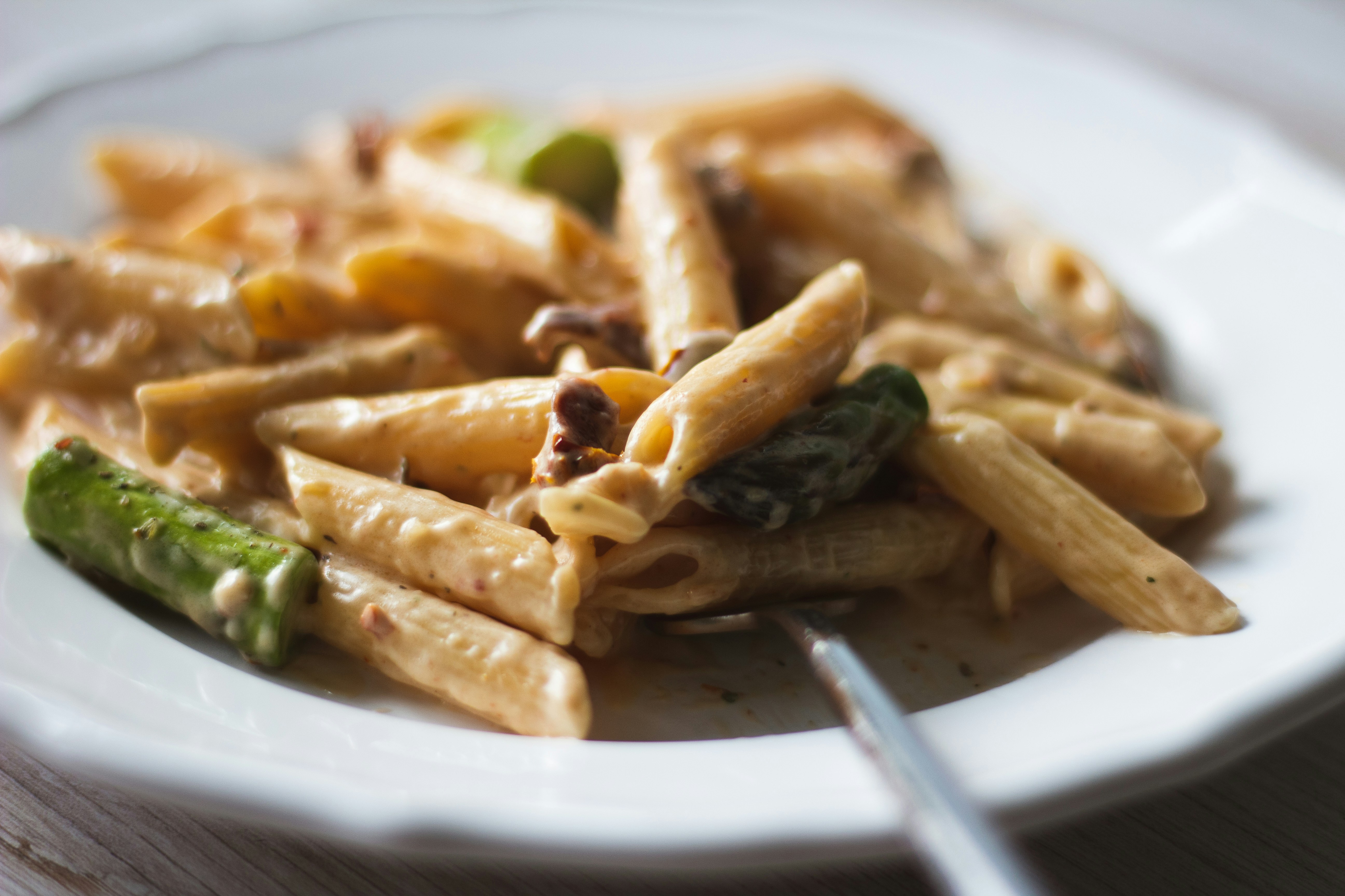 Penne Chicken with Asparagus on a plate